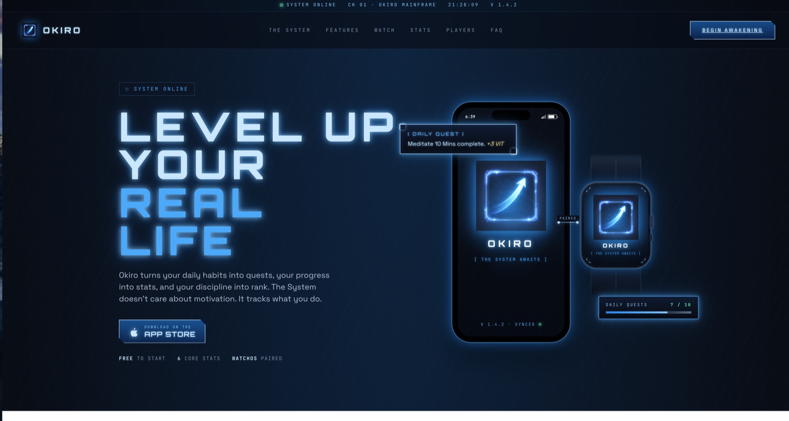 Okiro landing page with a glowing phone mockup: Level up your real life
